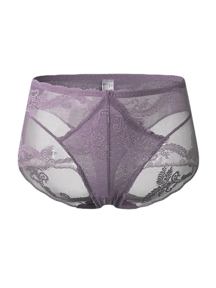 Women High Waist See Through Lace Thin Breathable Floral Lingerie Panties