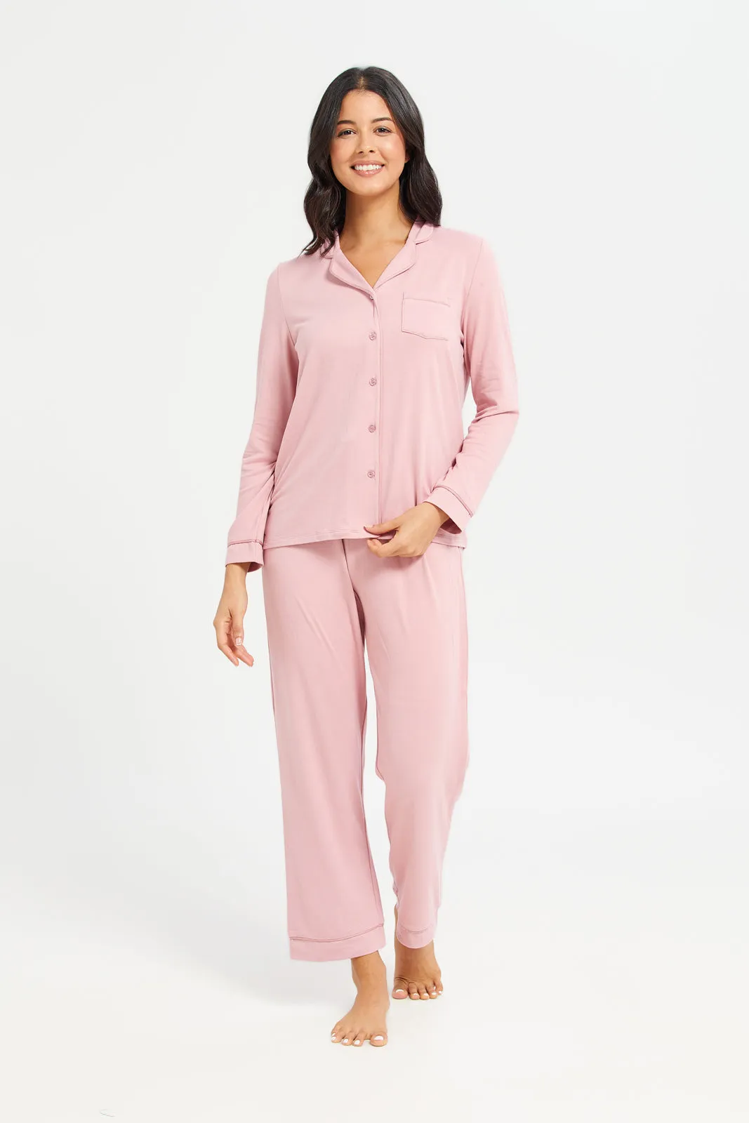 Women Pink Long Sleeve Front Pocket Classic Pyjama Set (2 Piece)