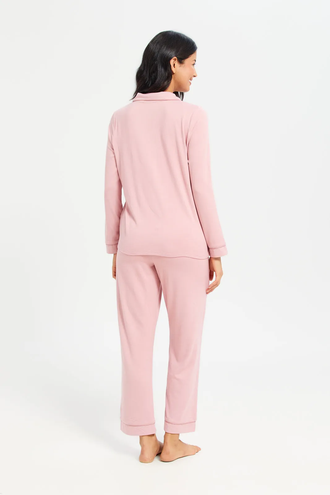 Women Pink Long Sleeve Front Pocket Classic Pyjama Set (2 Piece)