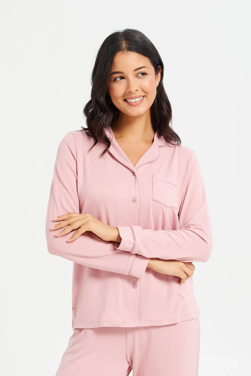 Women Pink Long Sleeve Front Pocket Classic Pyjama Set (2 Piece)