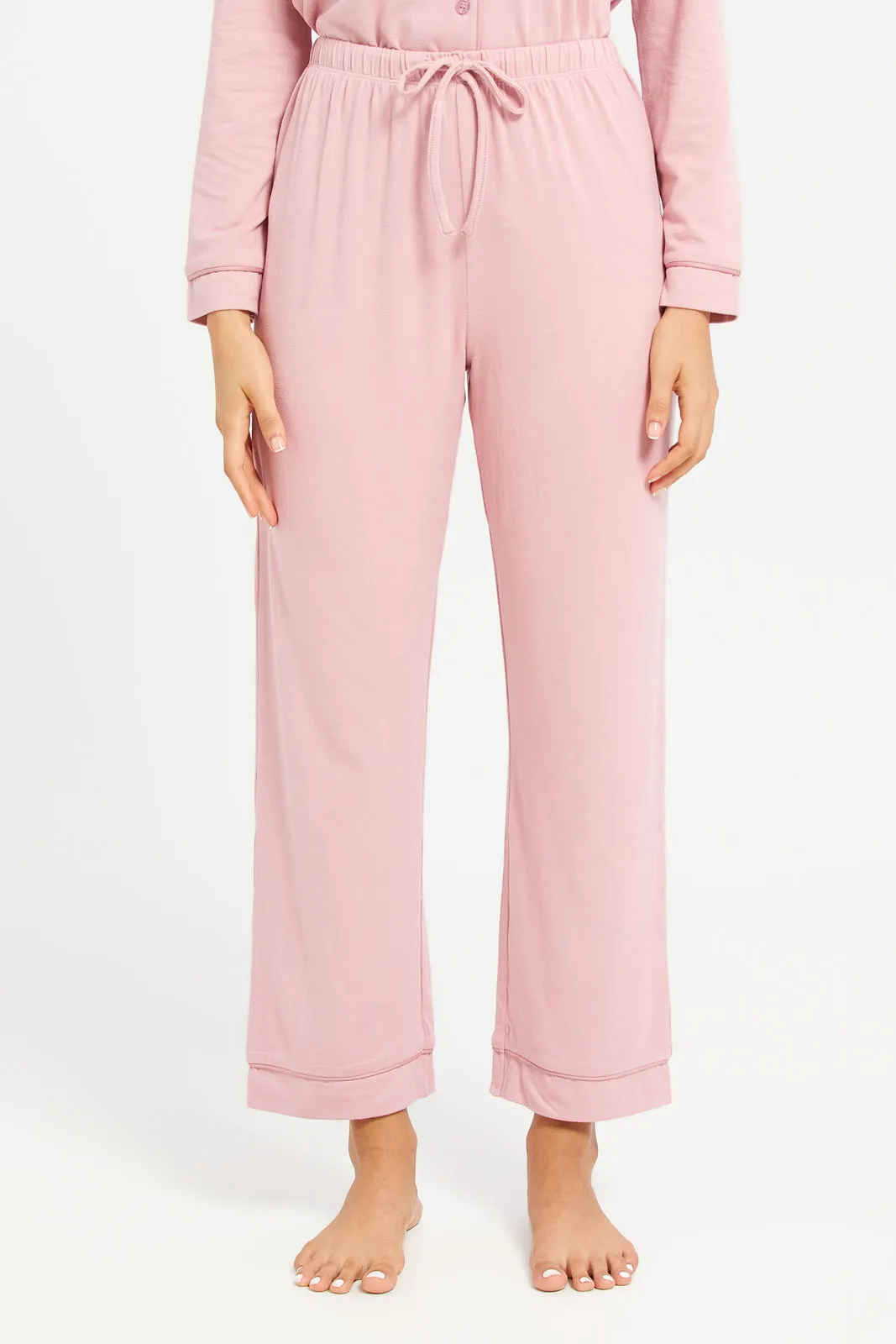 Women Pink Long Sleeve Front Pocket Classic Pyjama Set (2 Piece)