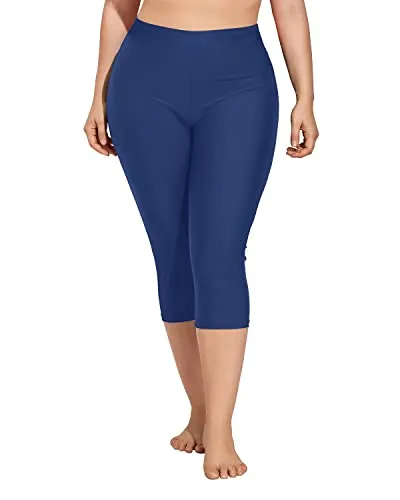 Women Plus Size Swim Capris Long Swim Shorts High Waisted Swim Pants-Blue