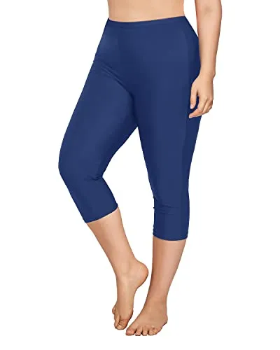 Women Plus Size Swim Capris Long Swim Shorts High Waisted Swim Pants-Blue