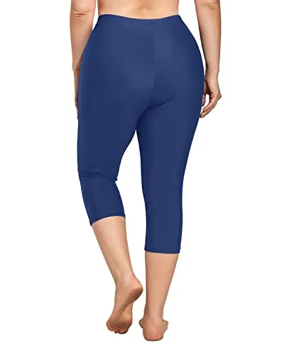 Women Plus Size Swim Capris Long Swim Shorts High Waisted Swim Pants-Blue