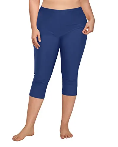 Women Plus Size Swim Capris Long Swim Shorts High Waisted Swim Pants-Blue