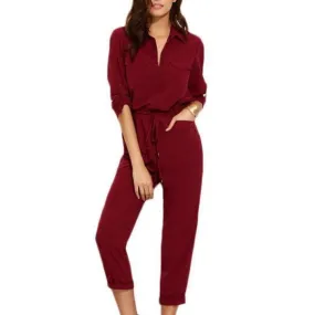 Women Rolled Sleeve Jumpsuit With Pockets