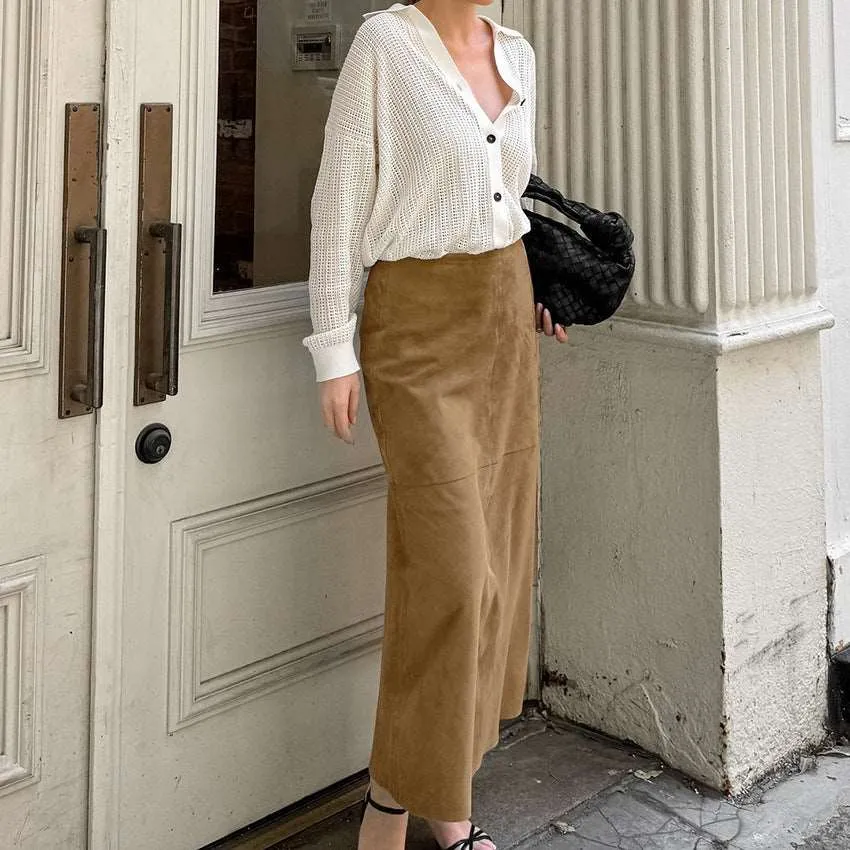 Women's Elegant Khaki High Waist Straight Long Suede Skirt