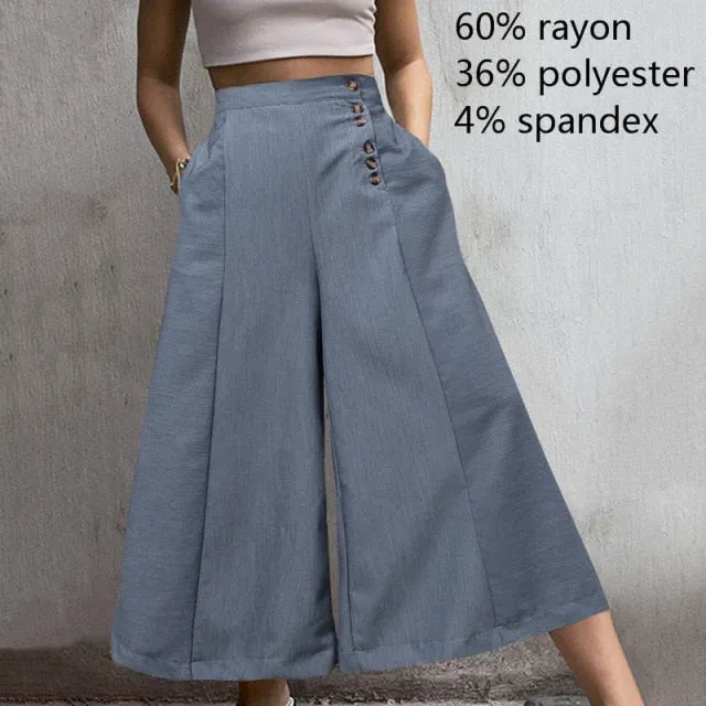 Yeknu Fashion High Waist Striped Pants Women Retro Work Trousers Autumn Casual Buttons Loose Elegant Party Wide Leg Pants