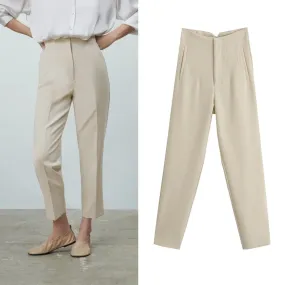 Yeknu Spring Trouser Suits High Waisted Pants Women Fashion Office Beige Pants Chic Button Zip Elegant Pink Casual Woman Pants