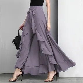 Yeknu Women Palazzo Pants Causal Ruffle Drawstring Trouser Elegant High Waist Irregular Loose Pure Color Autumn Female Pant Skirt