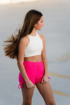 Youth Coral Pink Ribbed String Shorts