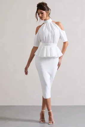 Yves | White High-Neck Cut-Out Midi Dress With Peplum Waist