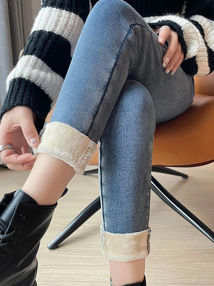 ZOENOVA 2024 Winter Thick Velvet Women Jeans High Waist Skinny Jeans Simple Fleece Warm Slim Stretch Casual Denim Pencil Pants