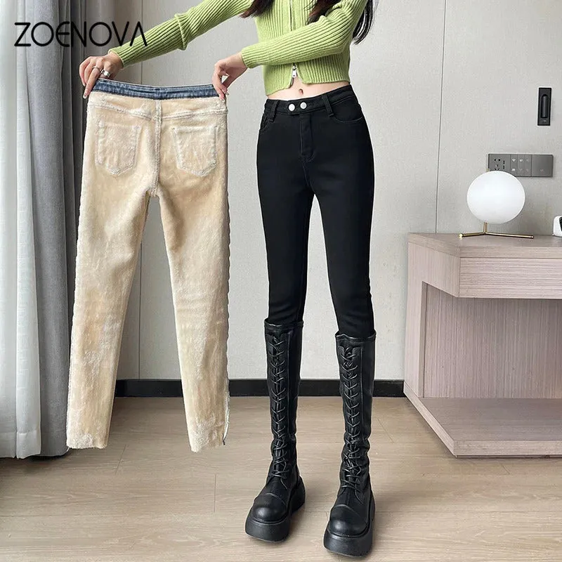 ZOENOVA 2024 Winter Thick Velvet Women Jeans High Waist Skinny Jeans Simple Fleece Warm Slim Stretch Casual Denim Pencil Pants